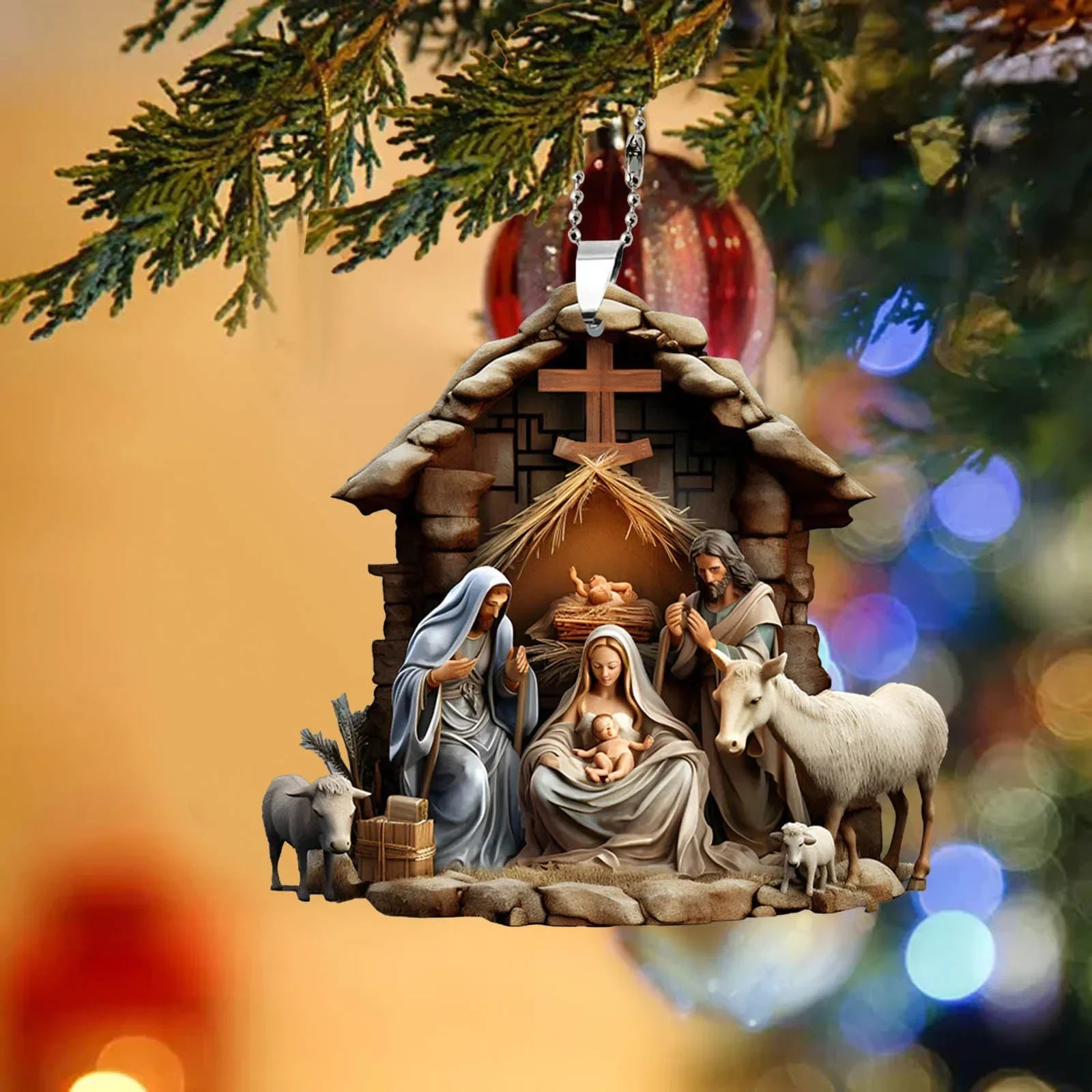 Christmas Tree Jesus Pendant - Family Prayer Scene