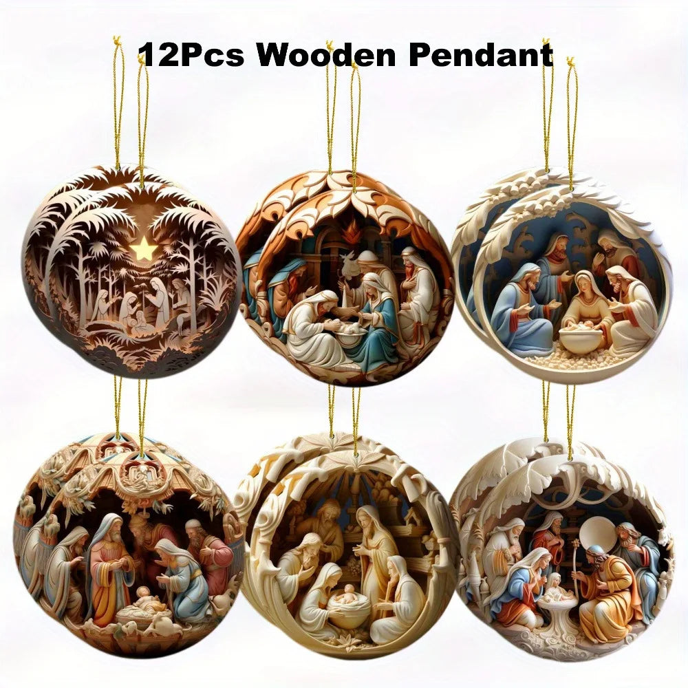 12pcs/set Christmas Ornaments Jesus Family Prayer Wood Pendant Ornaments for Home Car Decor 2D