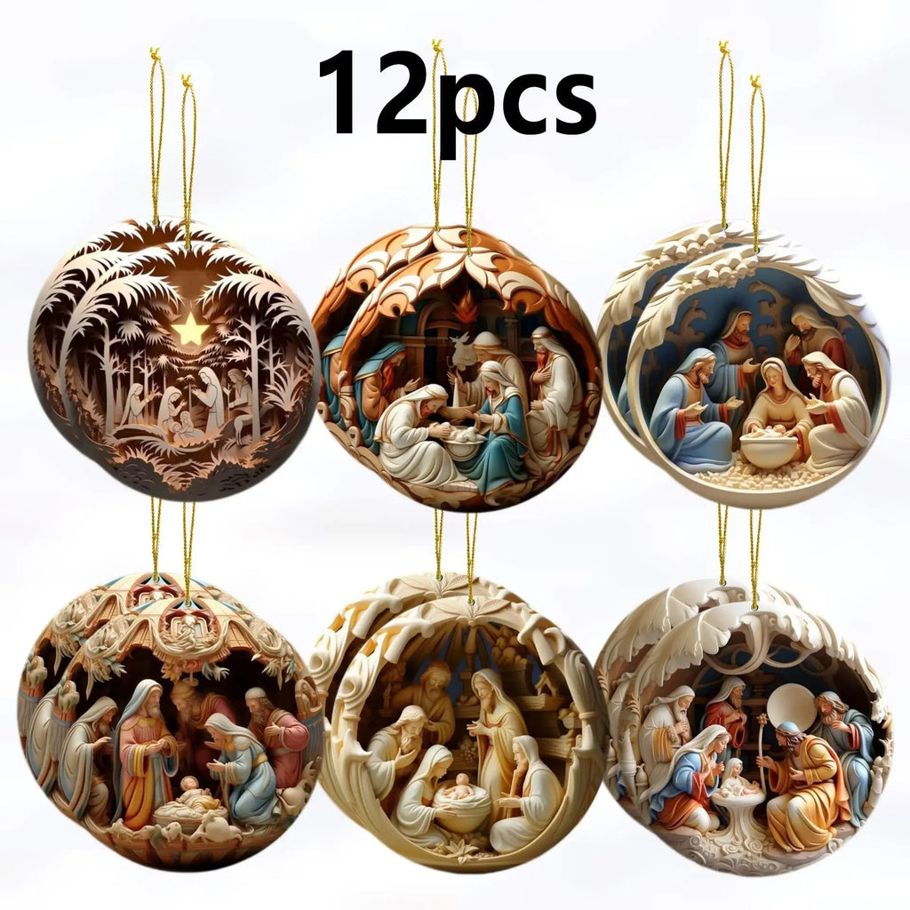 12pcs/set Christmas Ornaments Jesus Family Prayer Wood Pendant Ornaments for Home Car Decor 2D