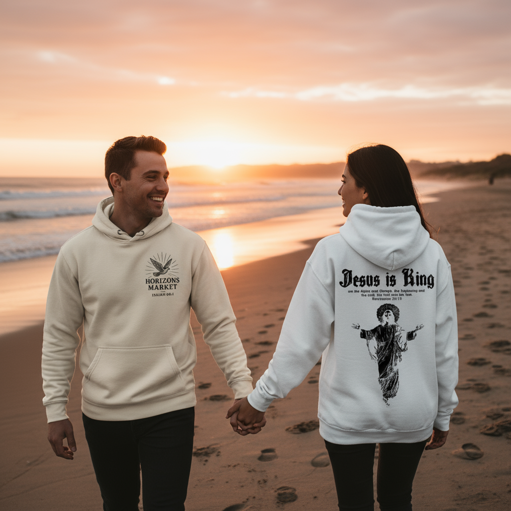 Couple at beach with accurate Horizons Market hoodie designs