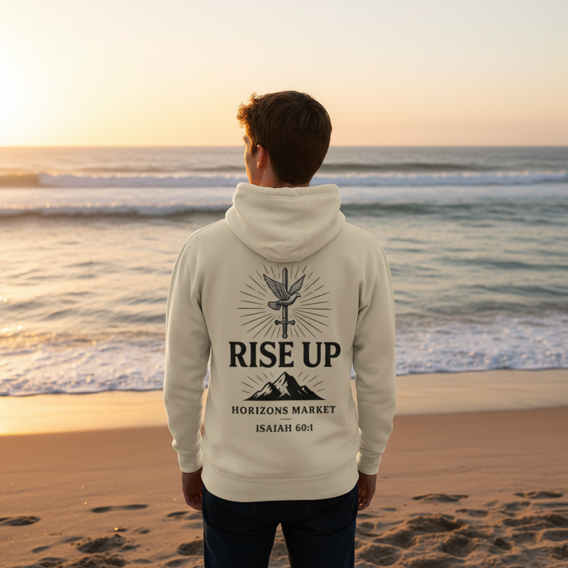 Guy wearing Horizons Market hoodie at beach from behind